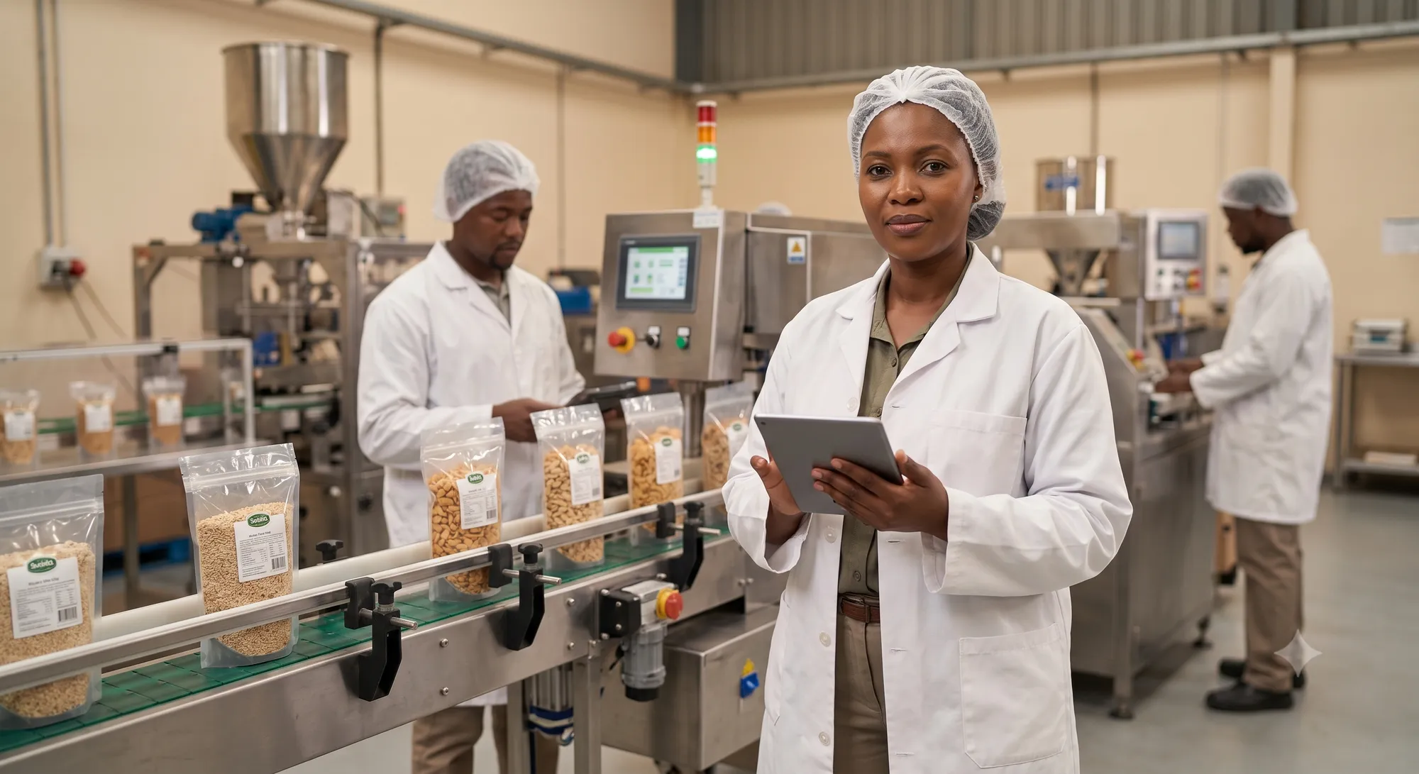 A production manager in a clean coat and hairnet checks a tablet on a small food-processing factory floor.